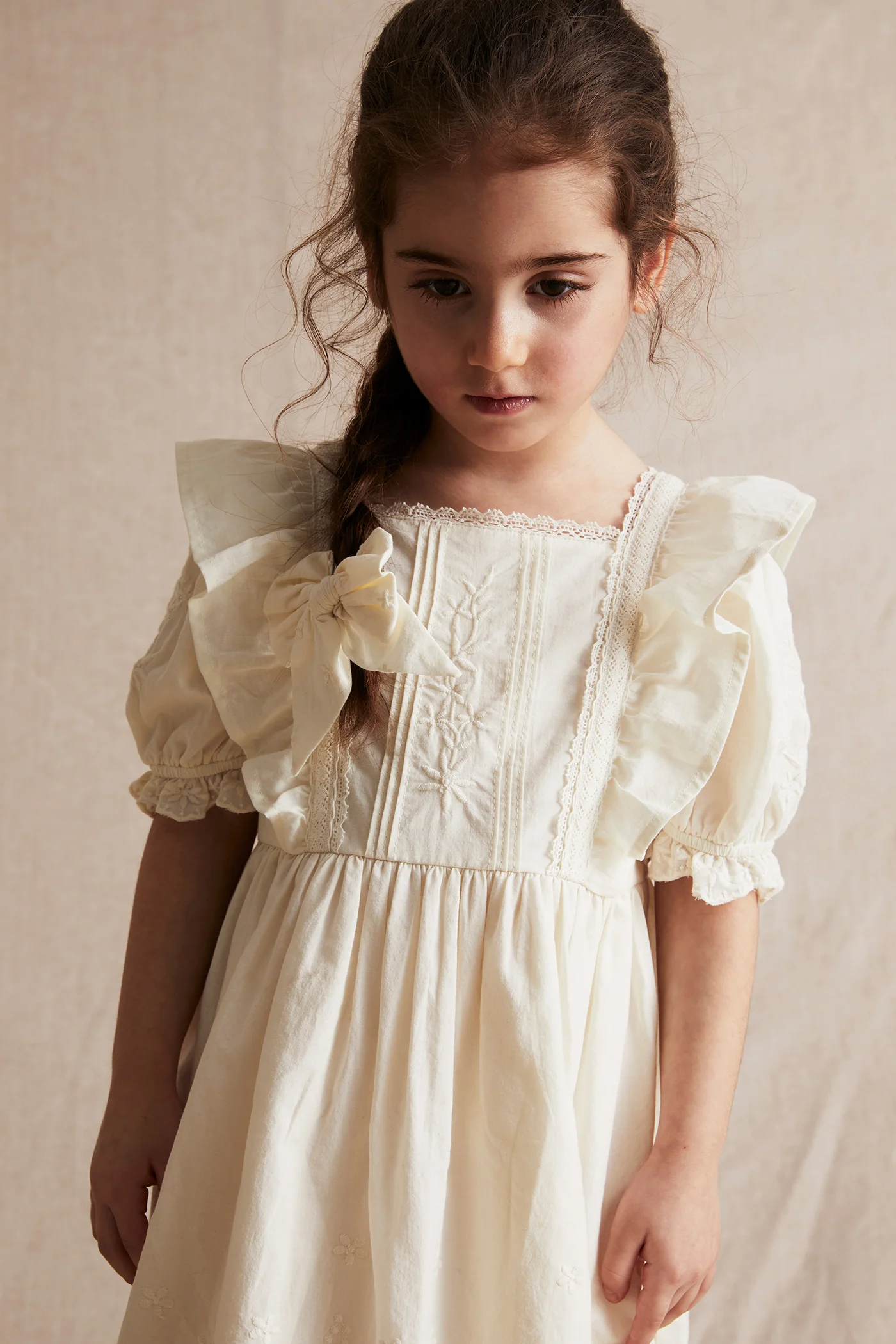 Kids white woven embroidery dress - Image 9