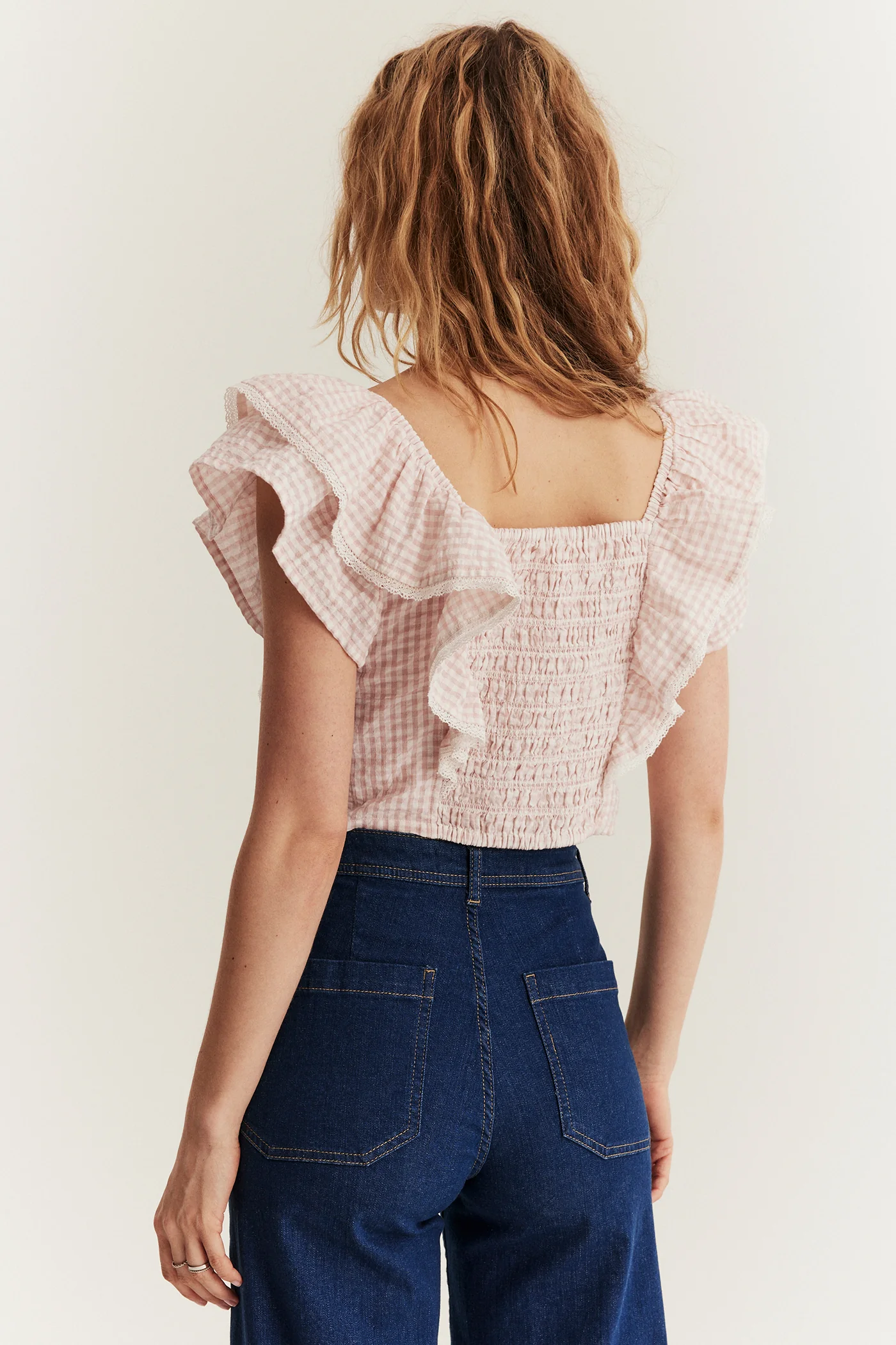 Women's pink checked frill blouse - Image 3