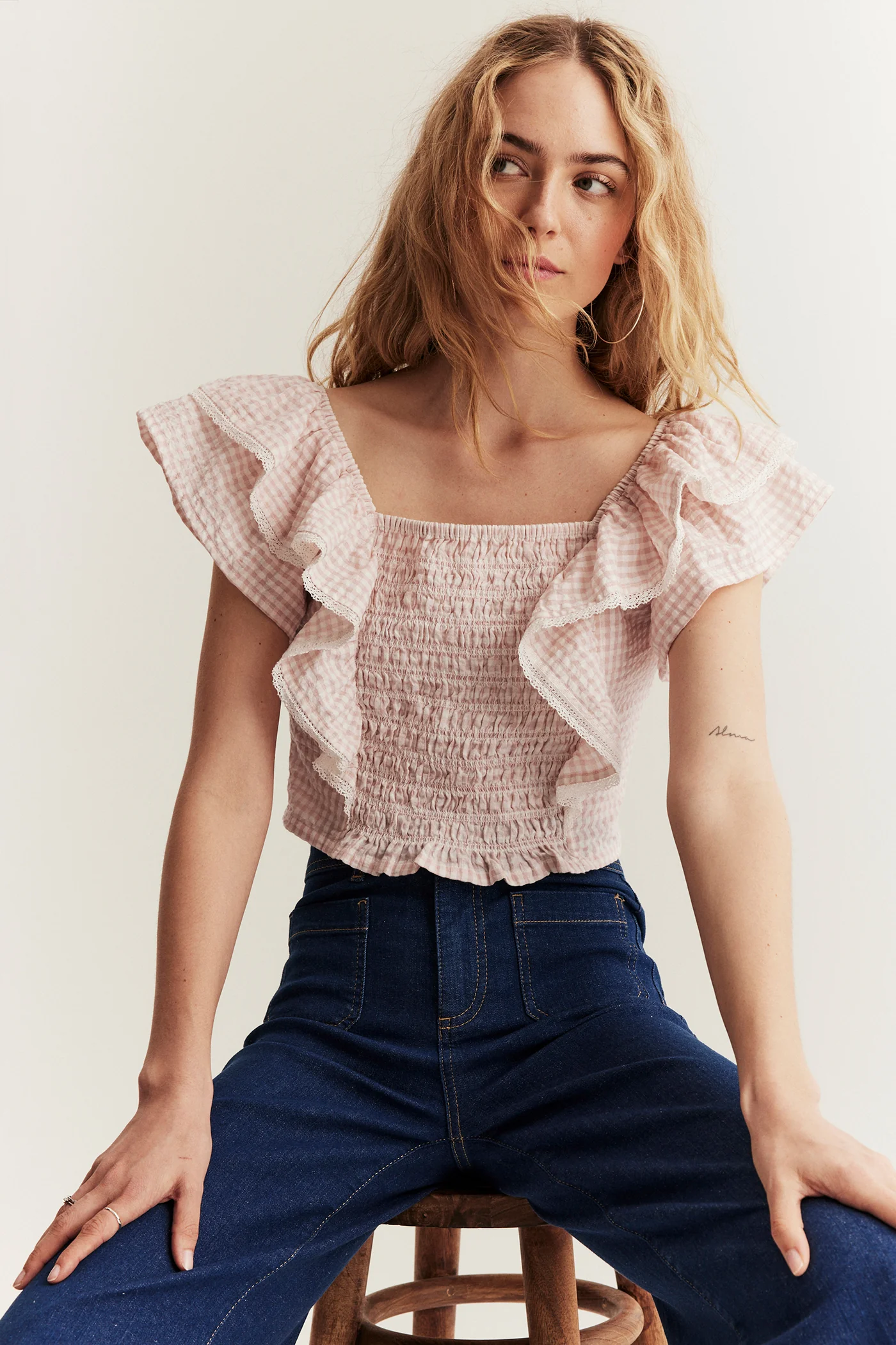 Women's pink checked frill blouse - Image 4