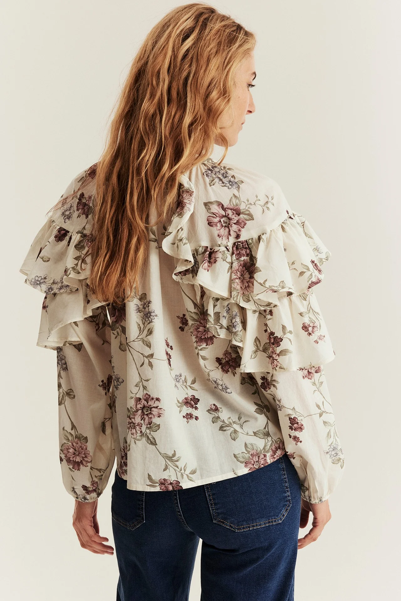 Women's beige floral frill blouse - Image 6