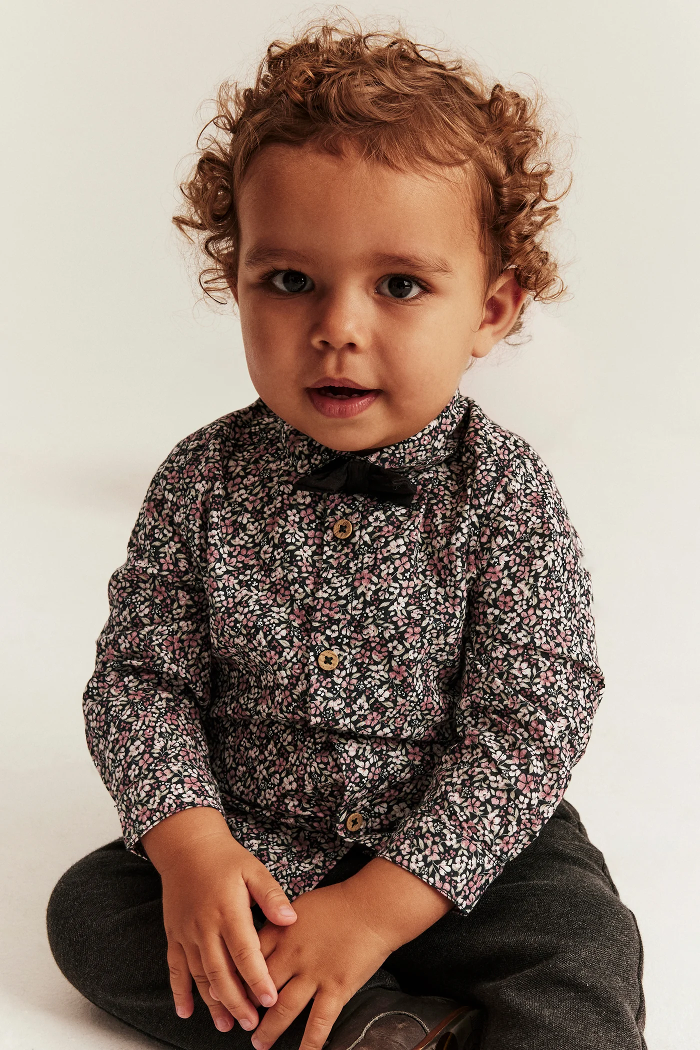 Baby black ditsy floral shirt with bow tie - Image 2