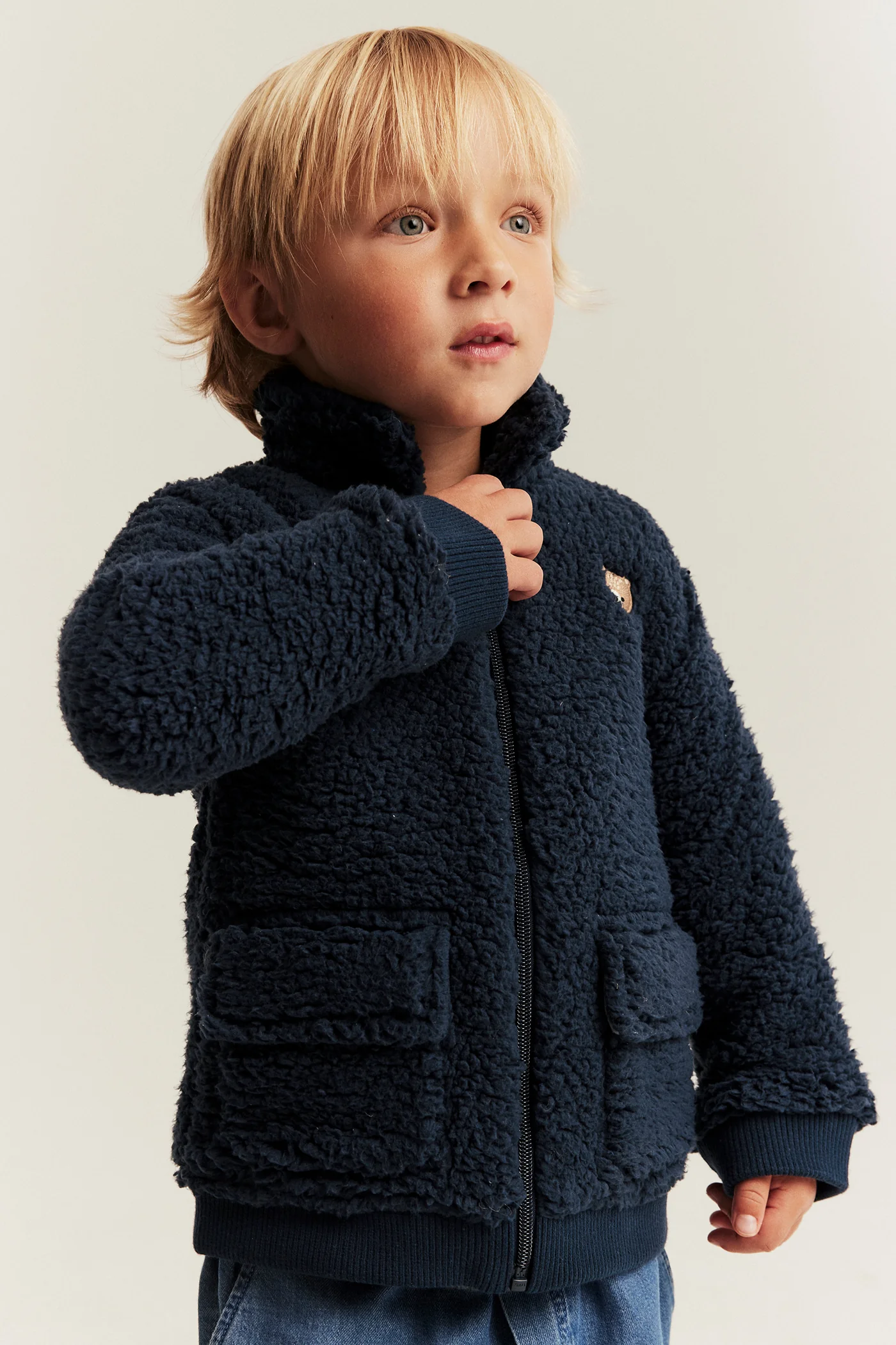 Kids blue pile jacket with bear embroidery - Image 3