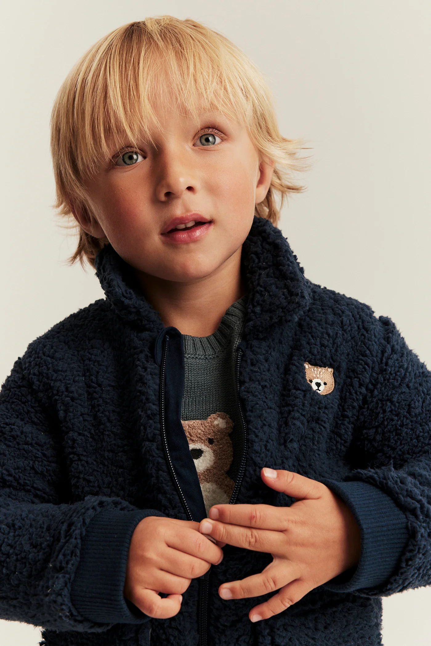 Kids blue pile jacket with bear embroidery - Image 4
