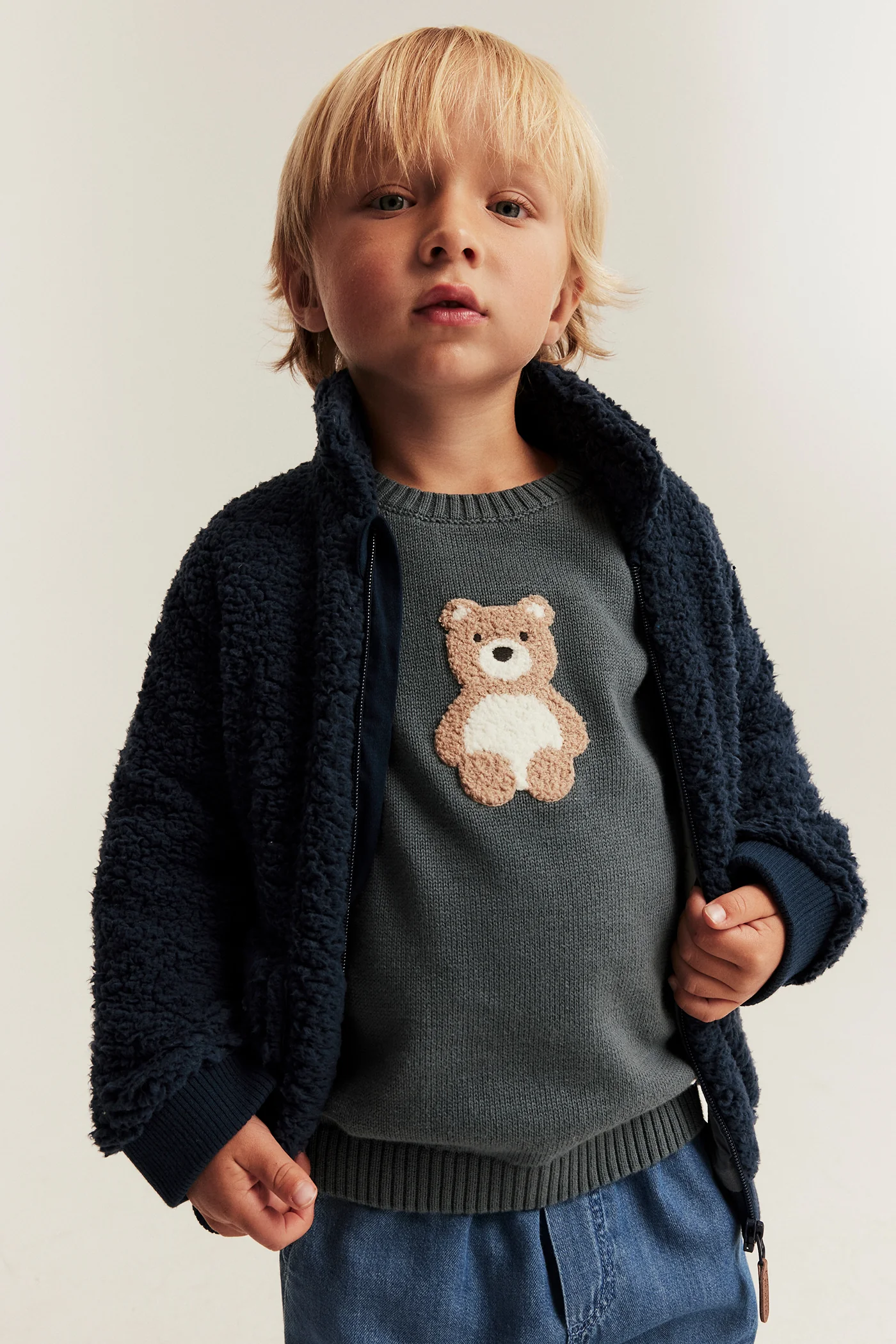 Kids blue pile jacket with bear embroidery - Image 6
