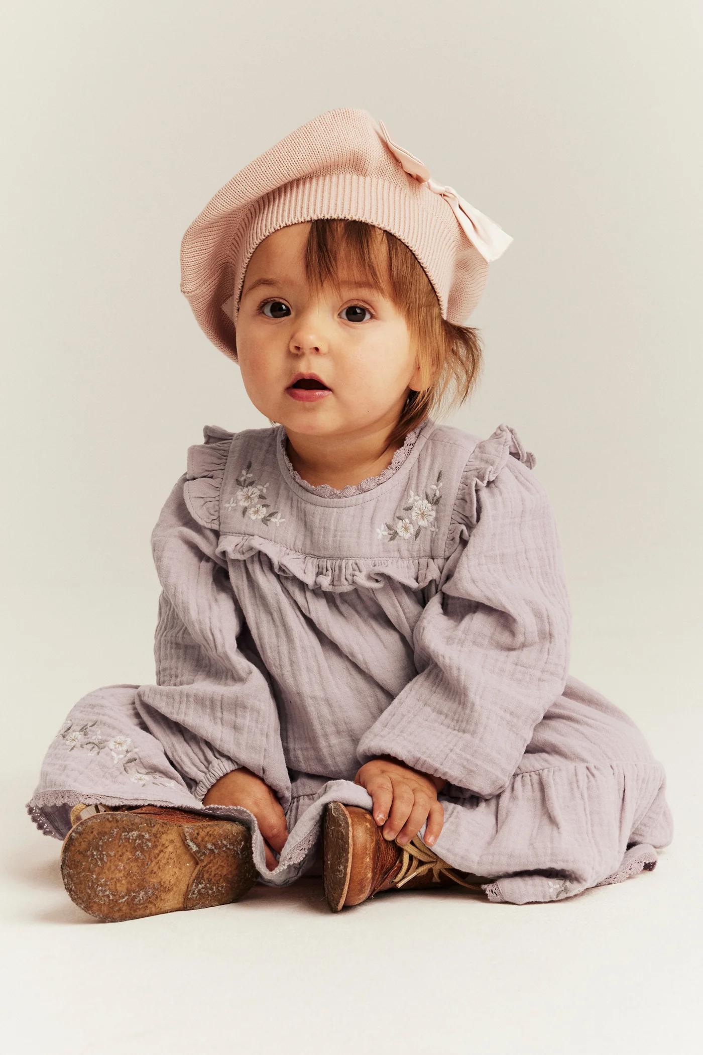 Baby purple floral woven frill dress - Image 3