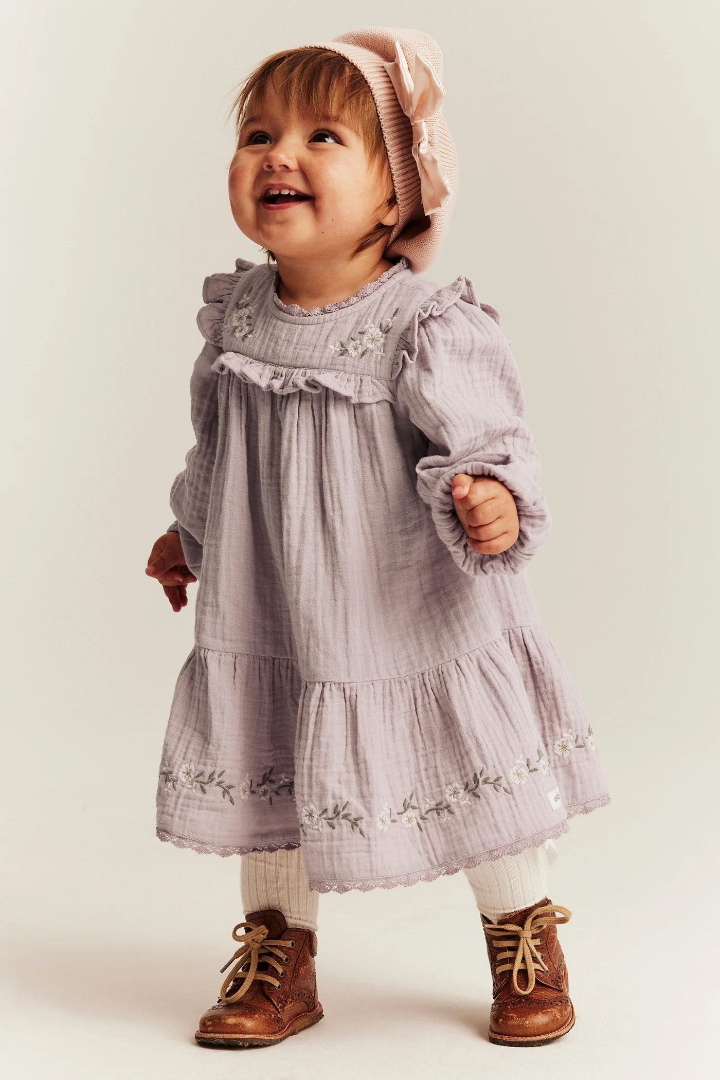 Baby purple floral woven frill dress - Image 4
