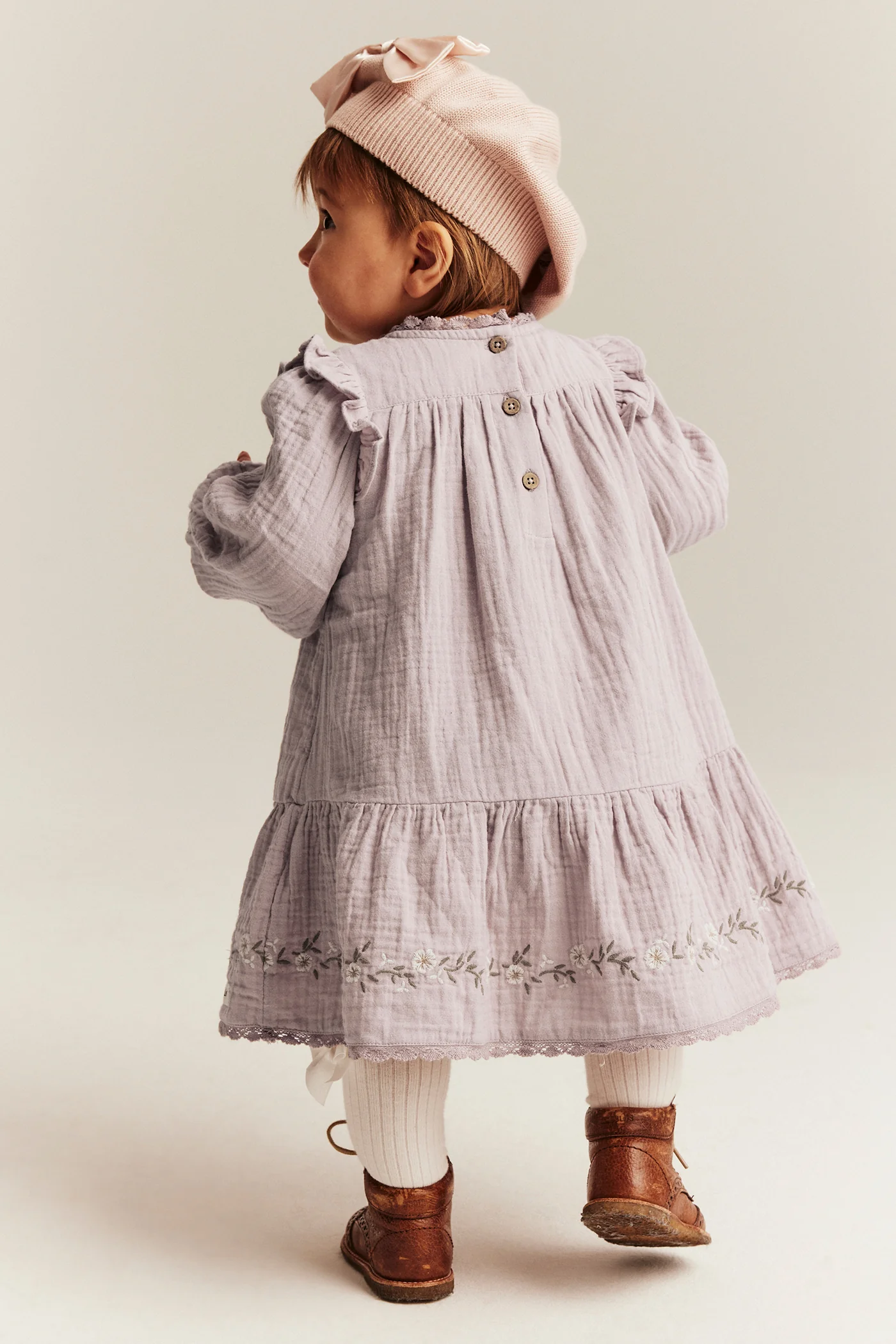 Baby purple floral woven frill dress - Image 5