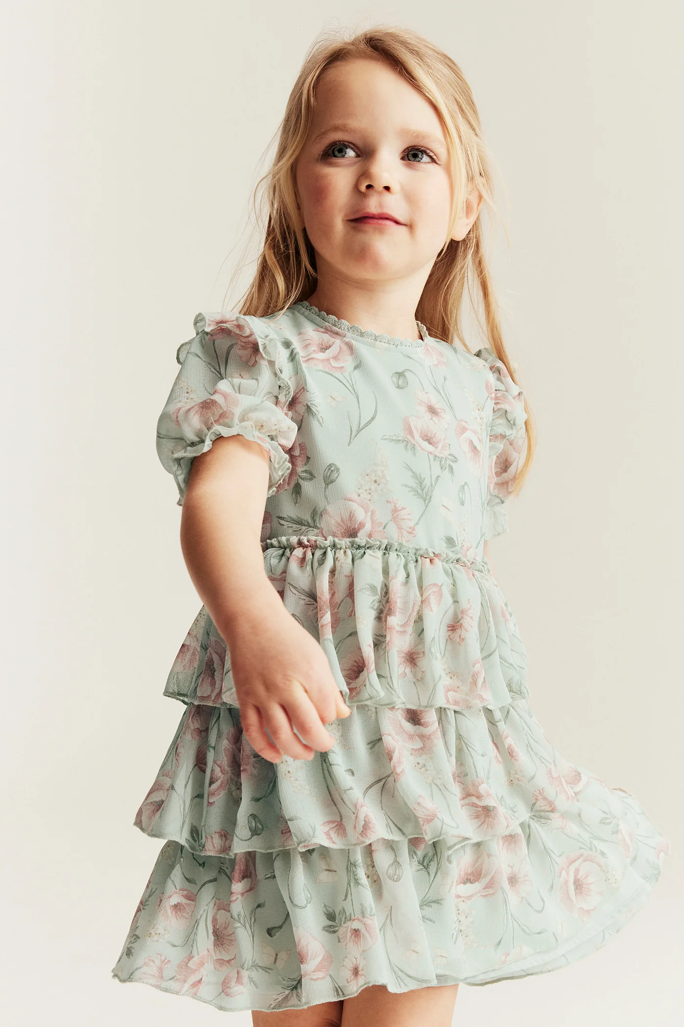 Kids green floral chiffon dress - Image 3