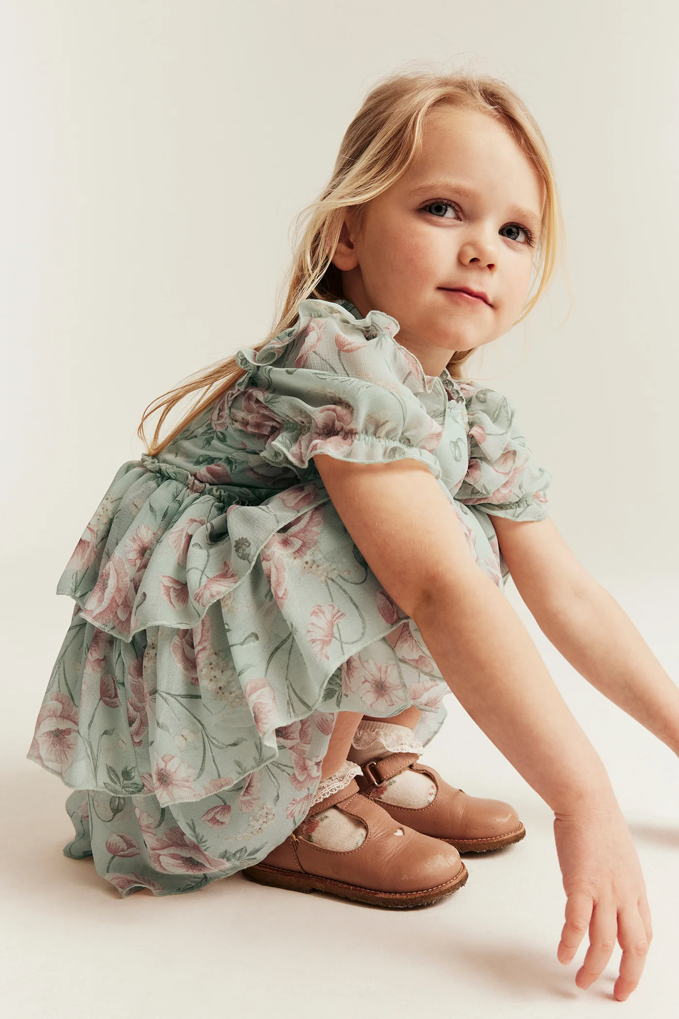 Kids green floral chiffon dress - Image 4