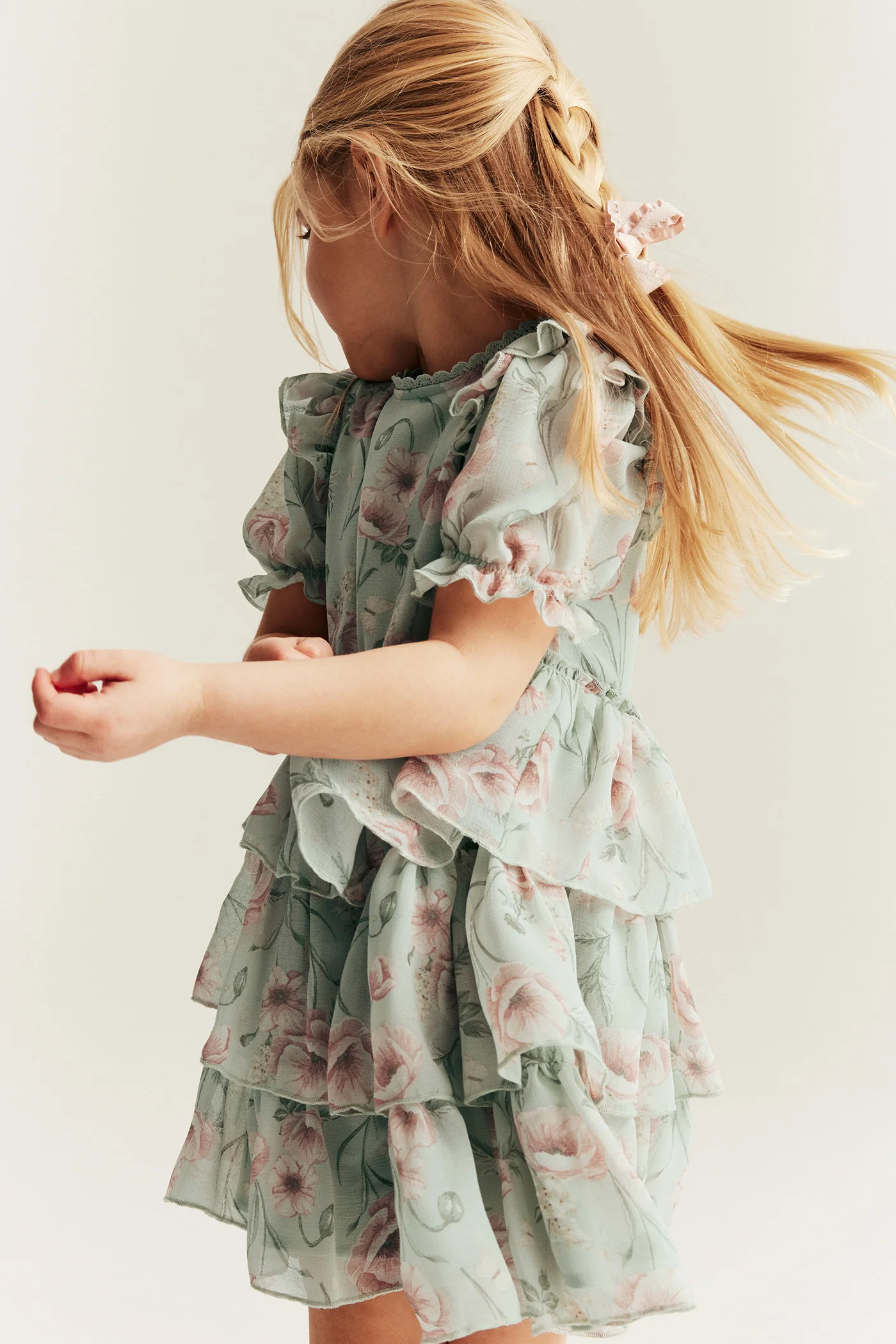 Kids green floral chiffon dress - Image 5