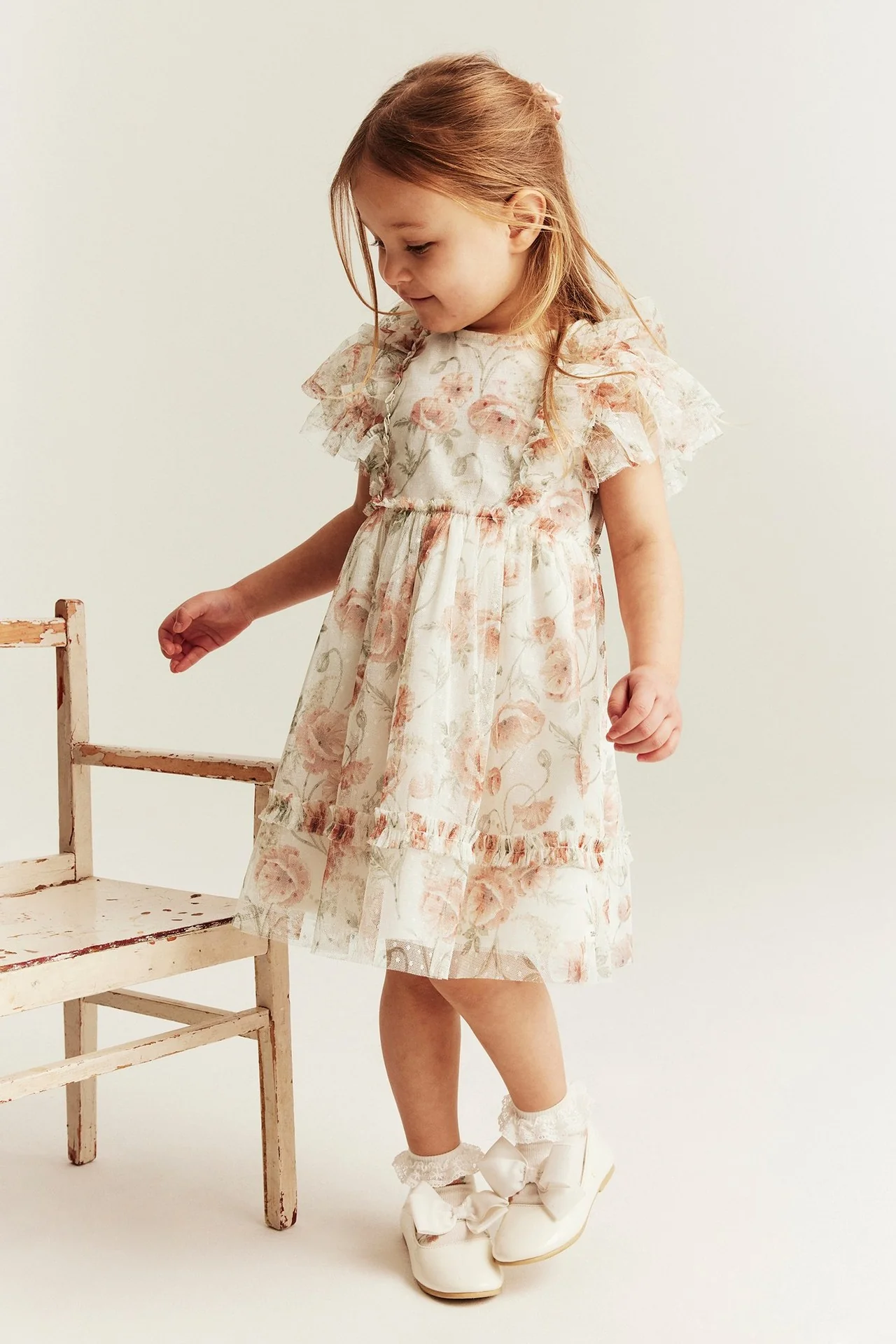 Kids white floral mesh dress - Image 5