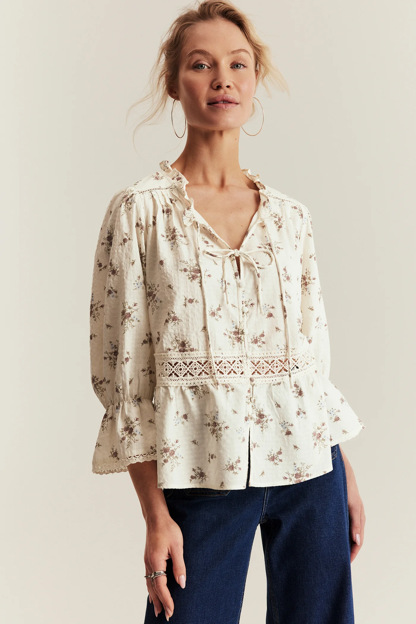 Women's white floral three-quarter sleeve blouse - Image 3