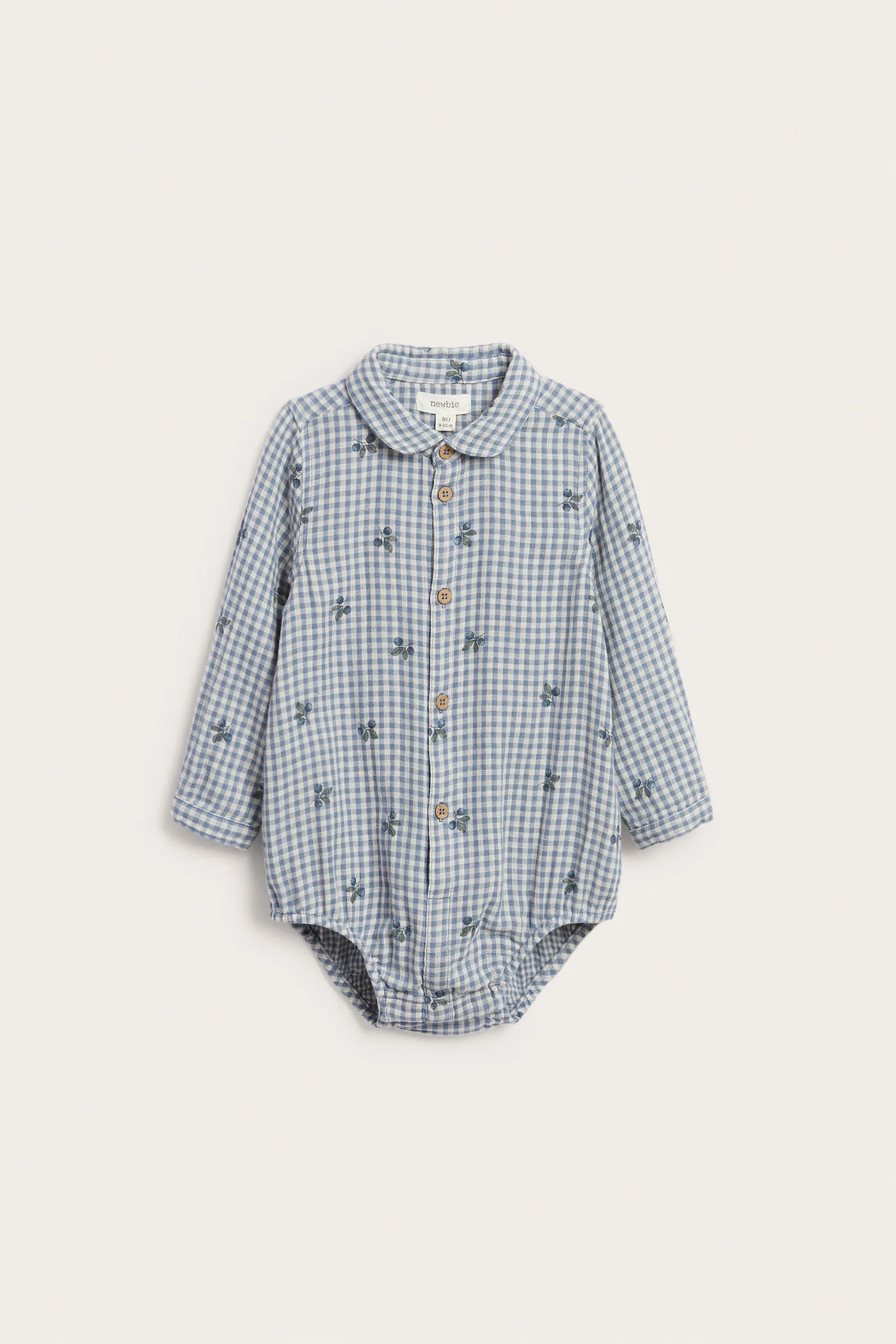 Baby blue shirt bodysuit with blueberries