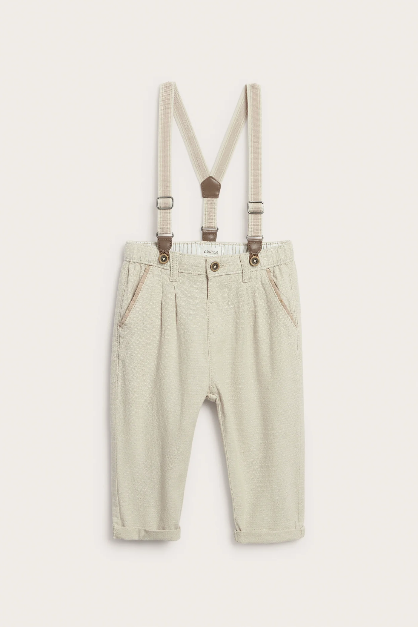 Baby beige woven trousers with suspenders - Image 2