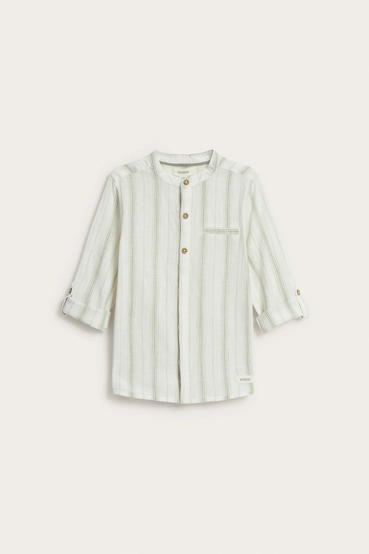 Kids green striped shirt with band collar - Image 2