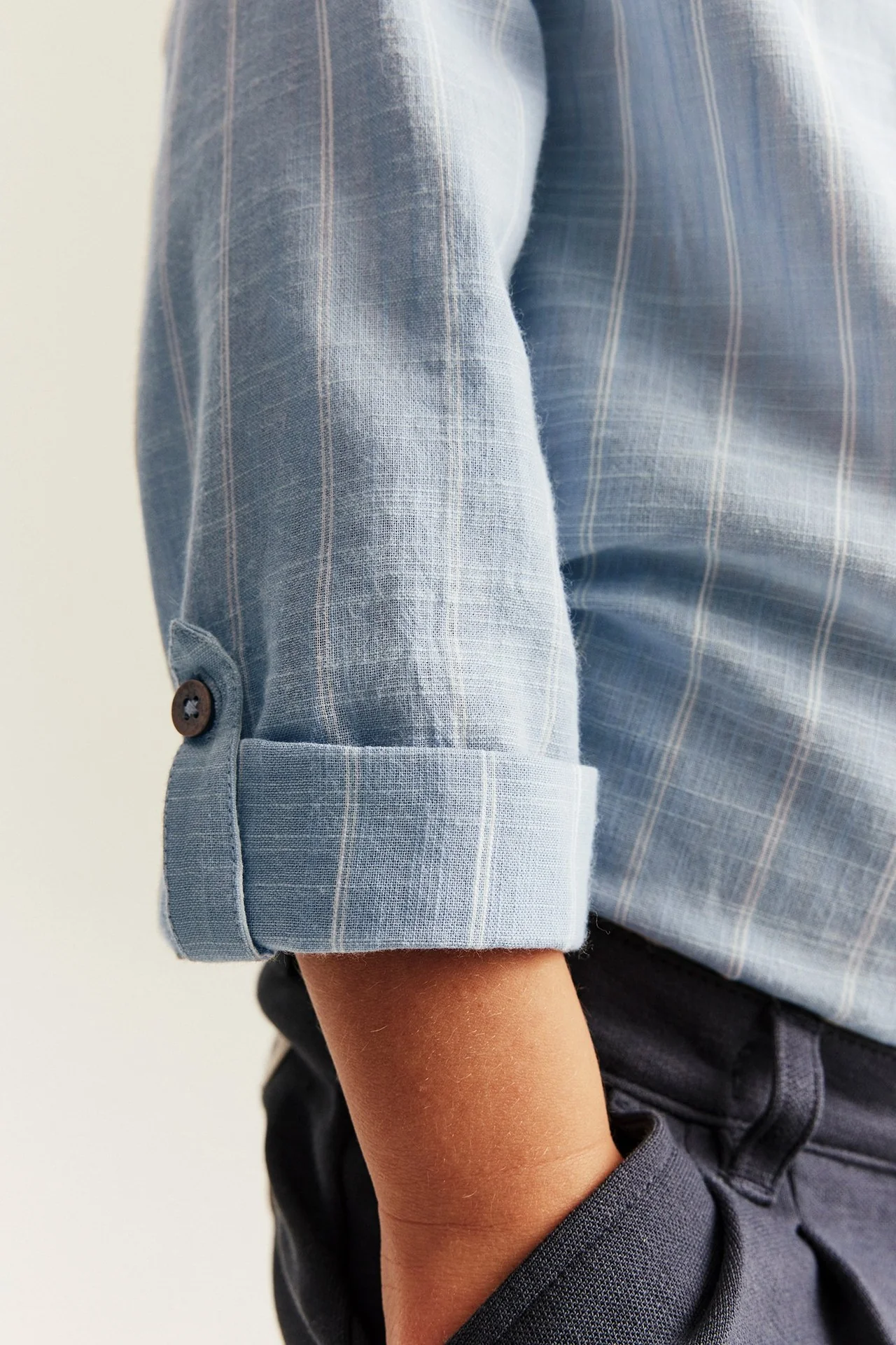 Kids blue striped shirt with band collar - Image 4