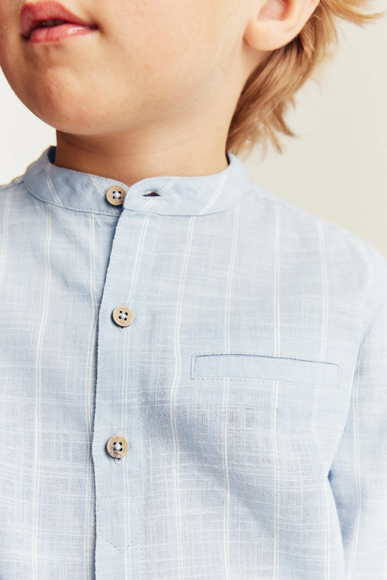 Kids blue striped shirt with band collar - Image 5