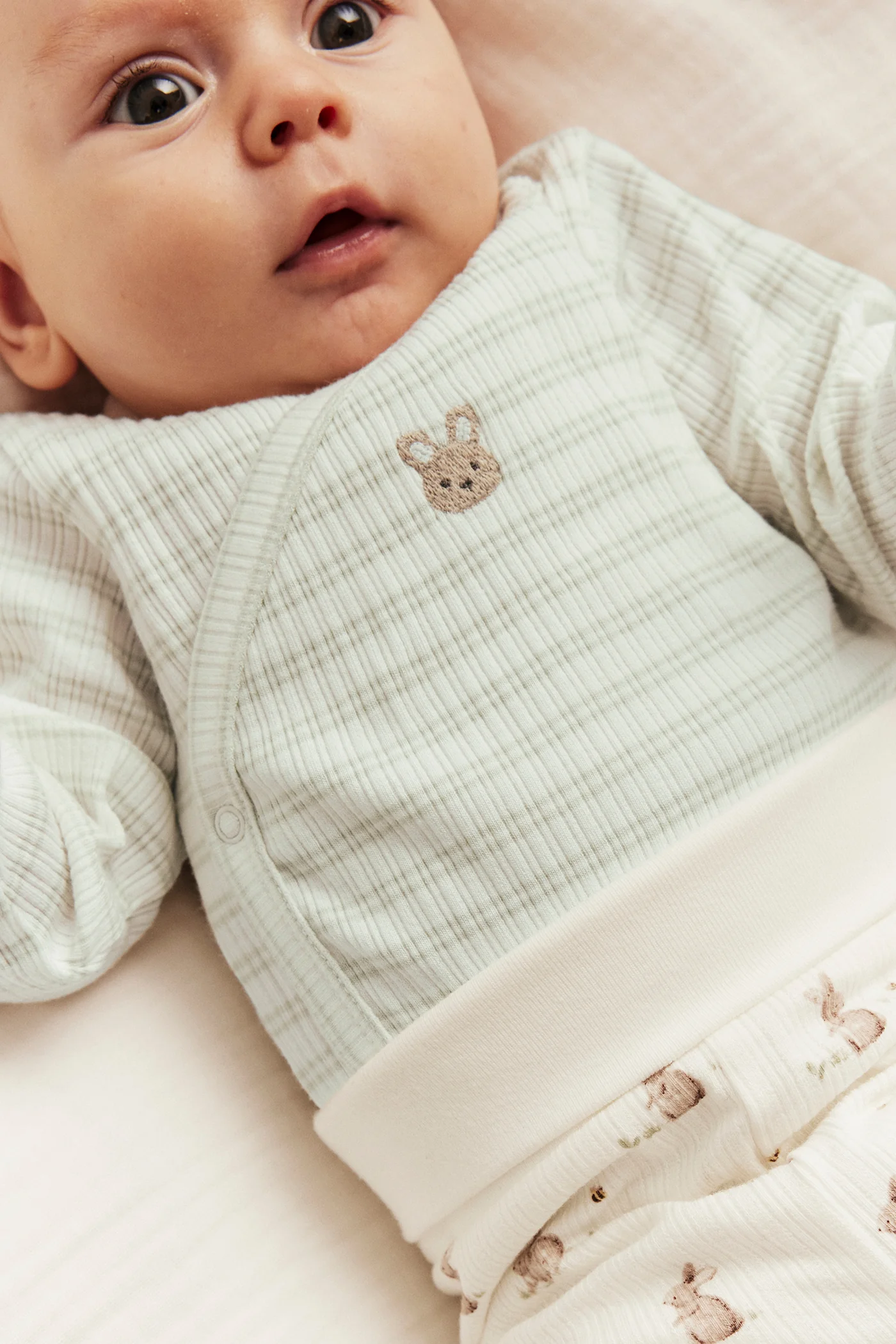 Baby green striped wrap bodysuit with rabbit - Image 4