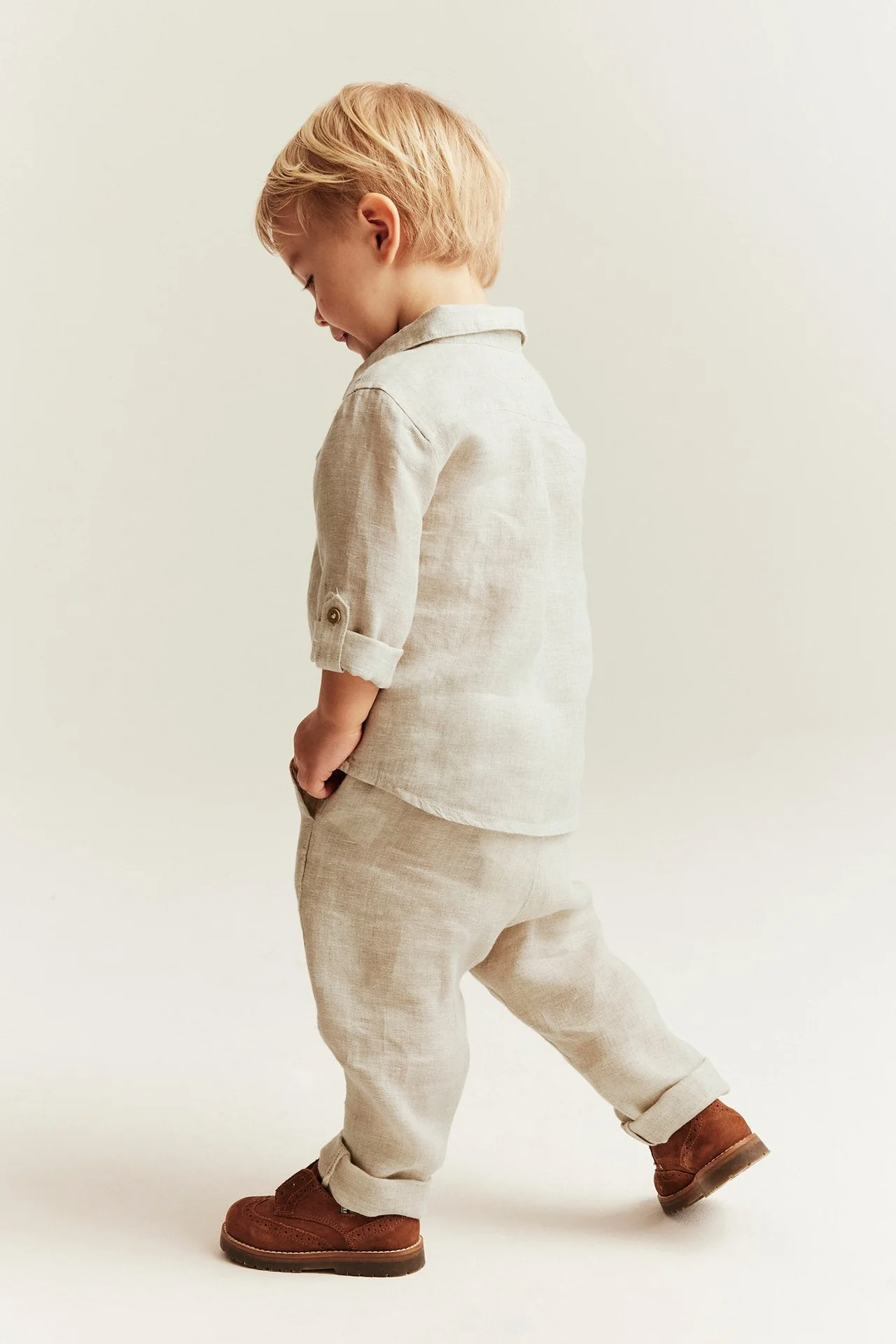 Baby beige linen drawstring trousers - Image 3