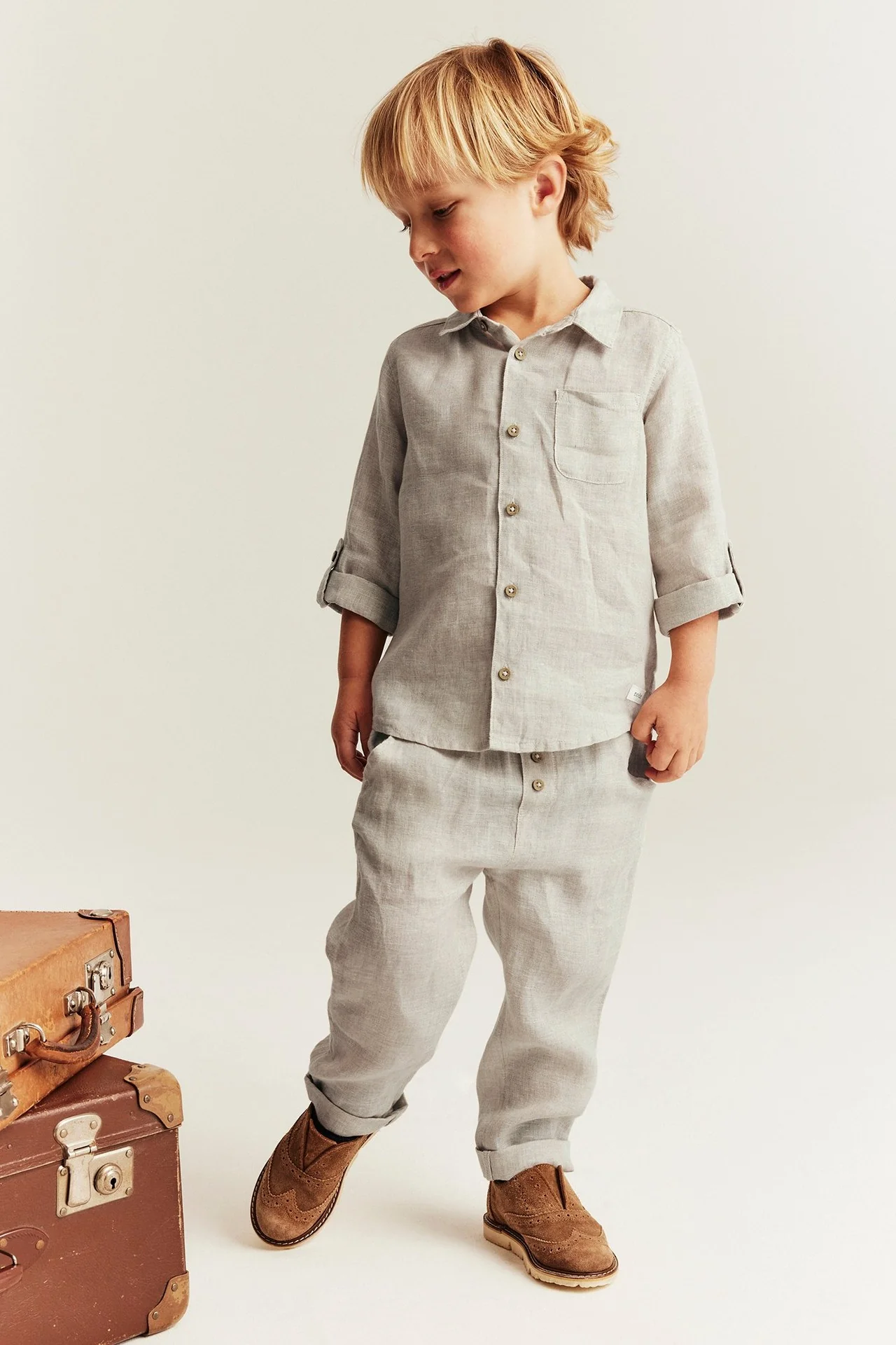 Kids beige linen shirt with collar - Image 3