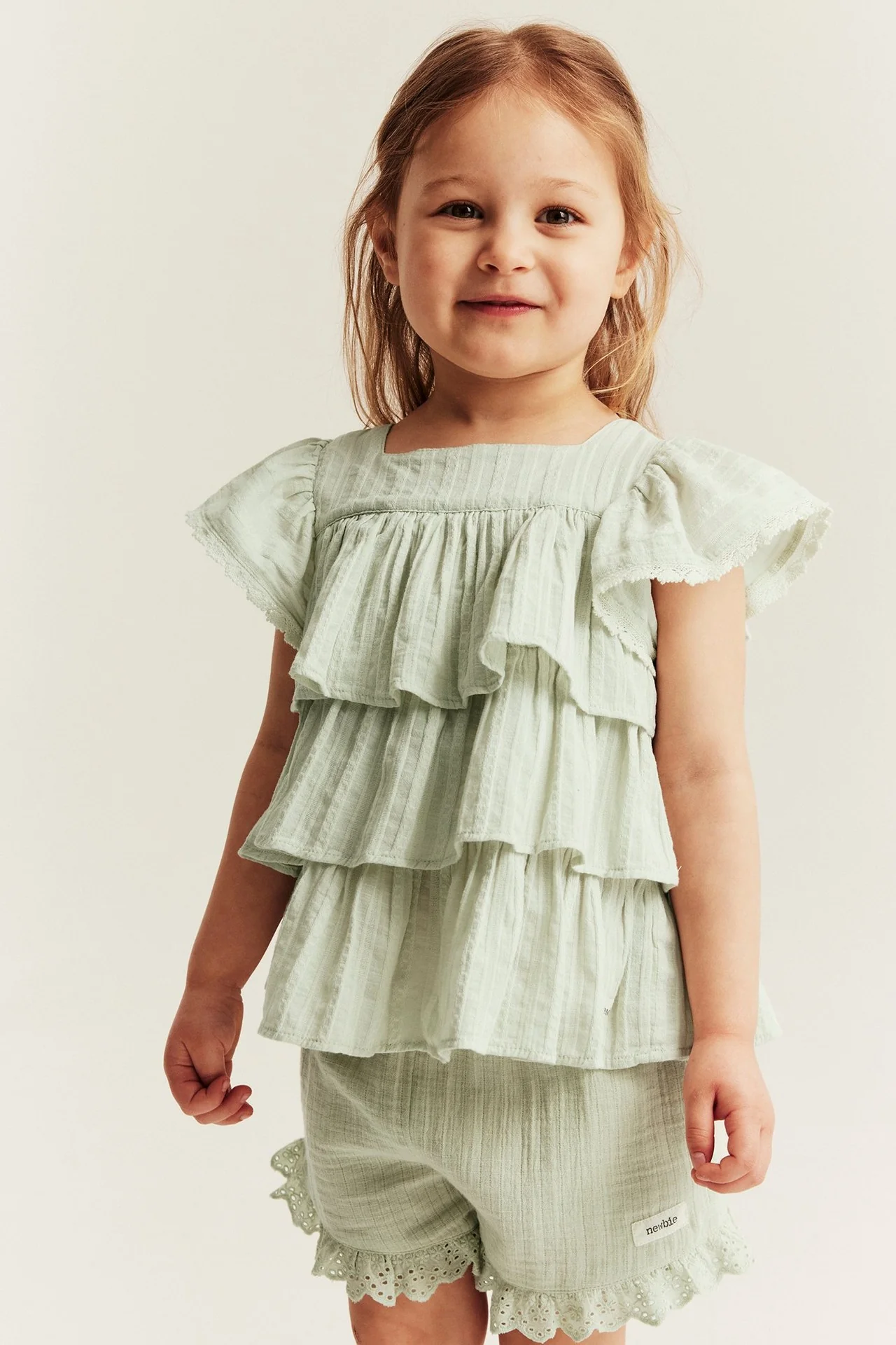 Kids green woven blouse with frills - Image 3