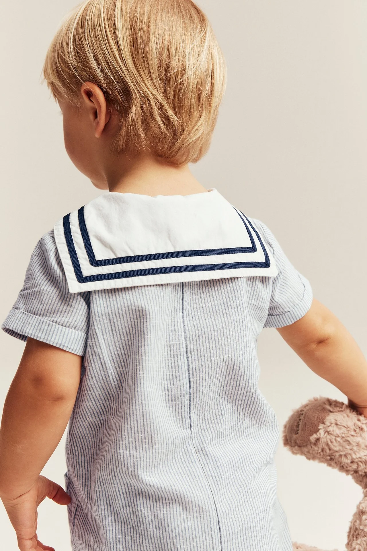 Baby blue woven romper with sailor collar - Image 5