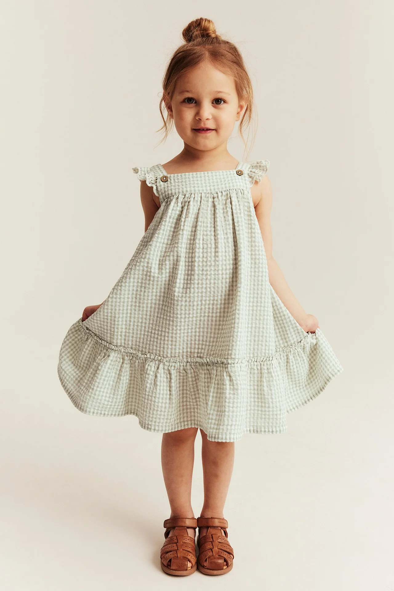 Kids green gingham woven dress - Image 3